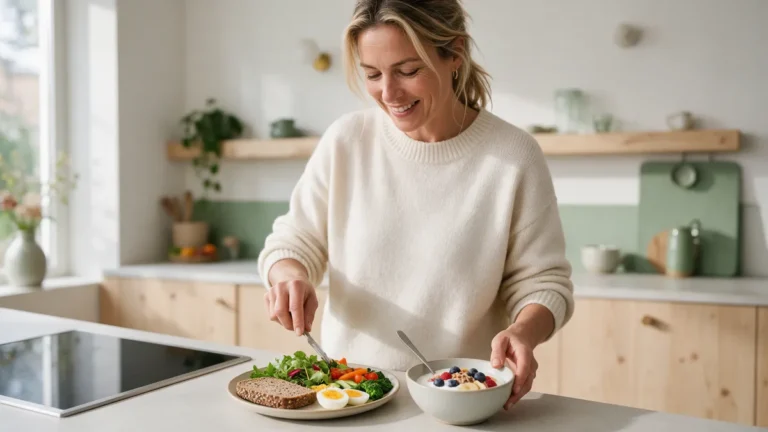 Vrouw maakt een gezonde lunch met volkorenbrood, salade en eieren in een lichte keuken