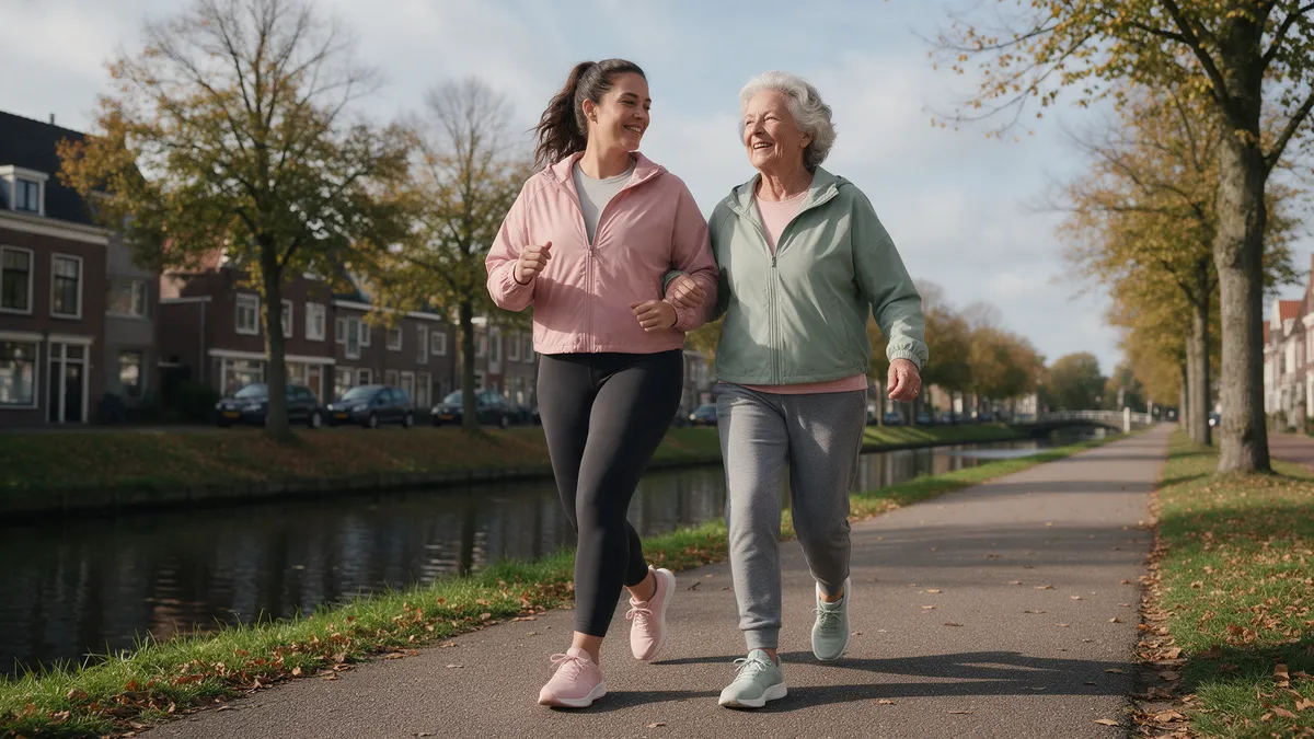 Twee vrouwen van verschillende leeftijden wandelen stevig langs een gracht
