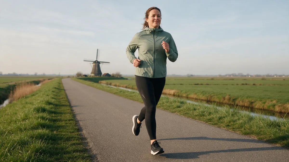 Vrouw loopt in een rustig tempo hard over een fietspad in de Hollandse polder met een molen op de achtergrond