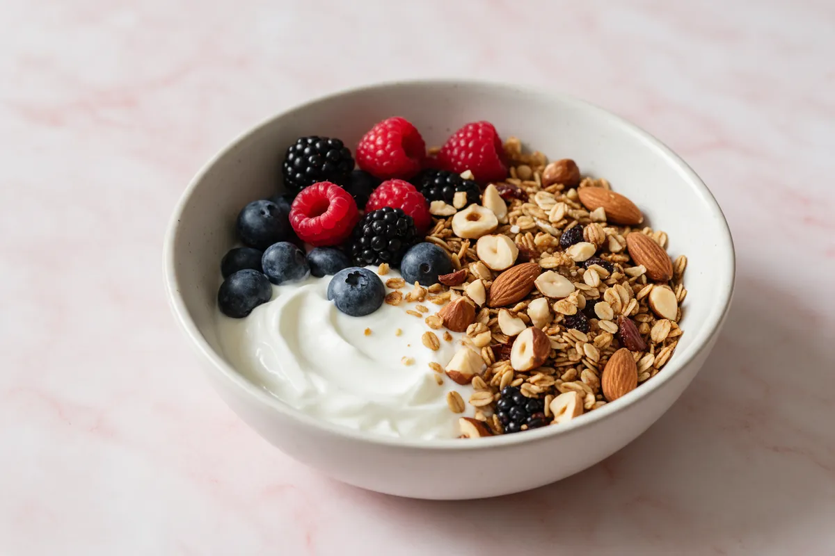Eiwitrijk ontbijt met yoghurt, rood fruit en noten