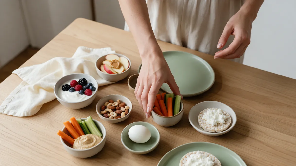 Houten tafel met bakjes gezonde snacks zoals yoghurt met bessen, noten, groente met hummus en een gekookt ei