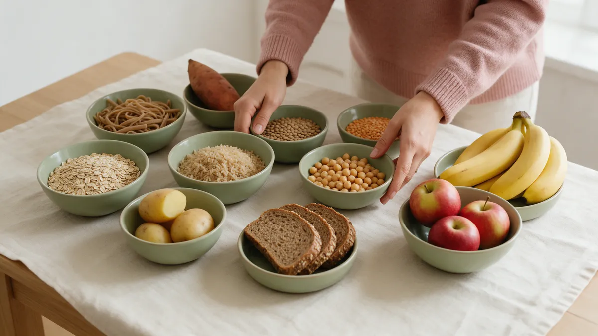 Kommen met havermout, volkorenpasta, zilvervliesrijst, aardappelen, peulvruchten, volkorenbrood en fruit op tafel