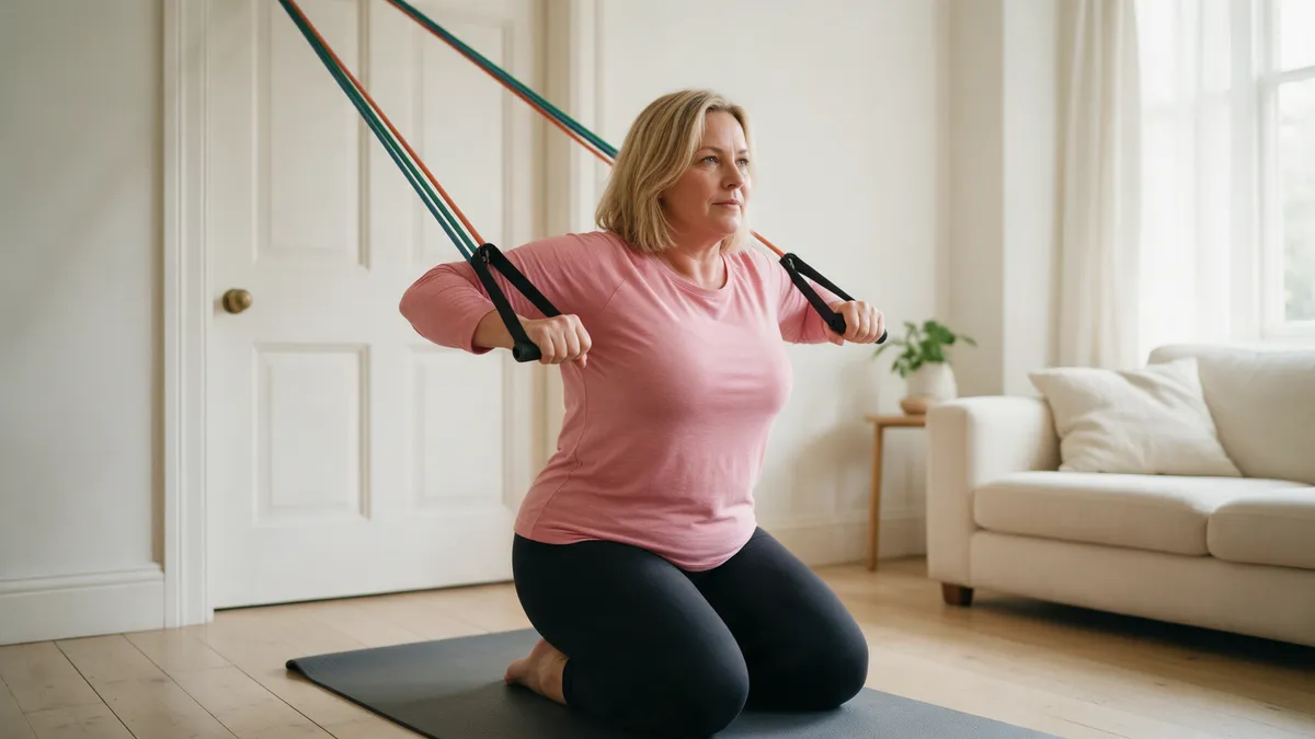 Vrouw doet thuis een lat pulldown met weerstandsbanden die boven een deur zijn bevestigd