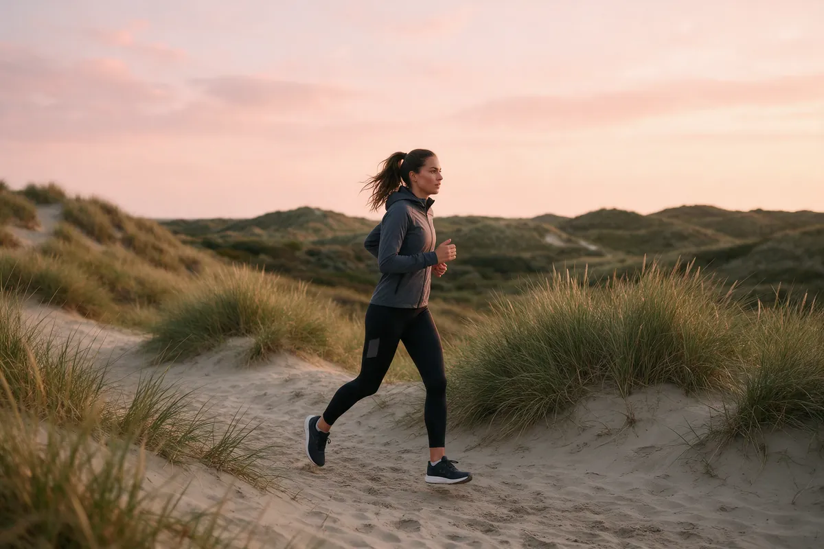 Vrouw loopt hard door de duinen bij zonsondergang