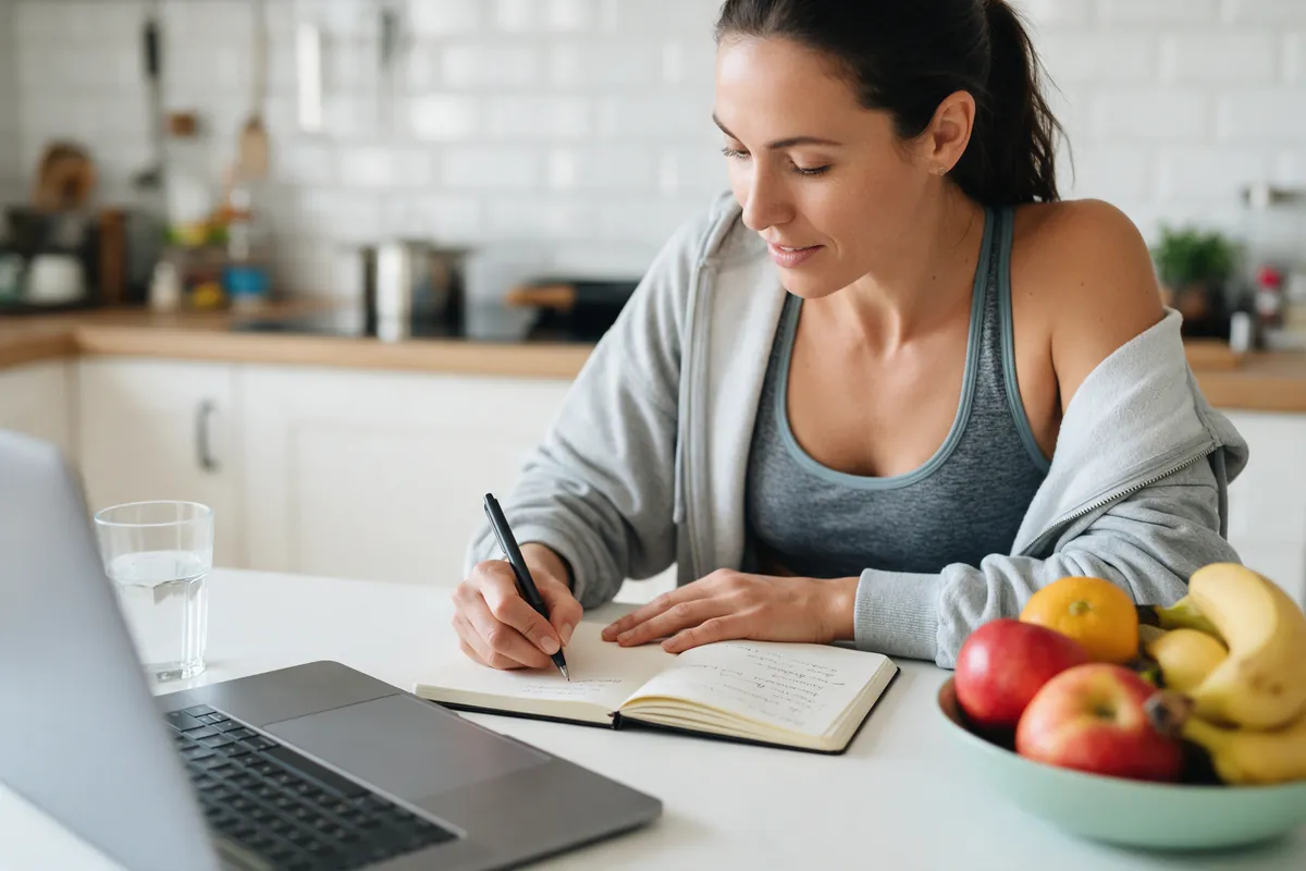 Vrouw schrijft haar trainingsplanning op aan de keukentafel