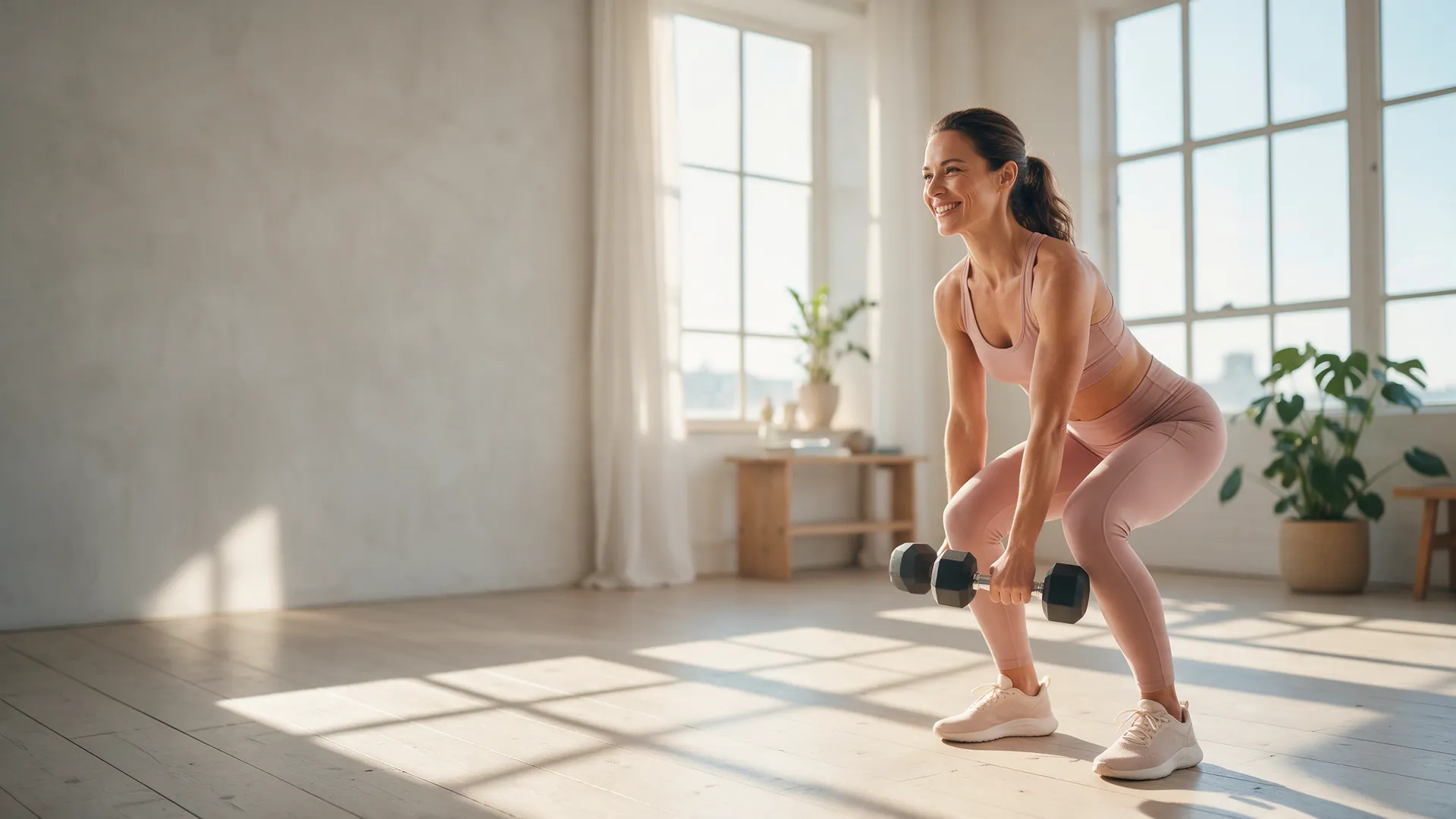 Lachende vrouw doet een squat met dumbbells in een lichte woonkamer