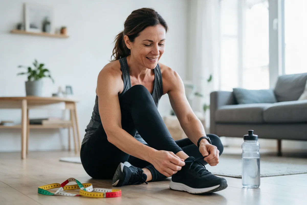 Vrouw strikt haar sportschoenen naast een meetlint