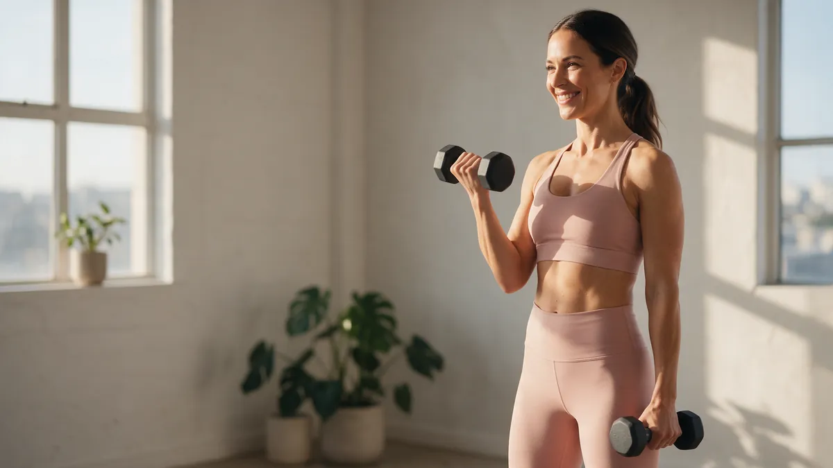 Vrouw traint haar armen met dumbbells bij het raam