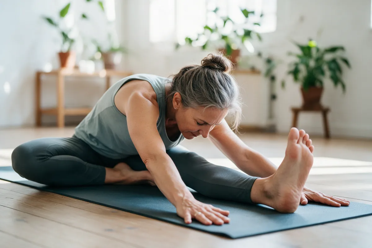Vrouw van middelbare leeftijd doet een rustige yogastretch
